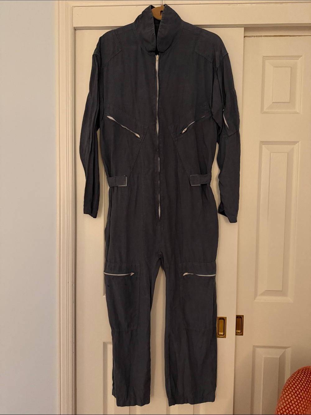 Dark Blue Linen Utility Jumpsuit with Zipper Pockets